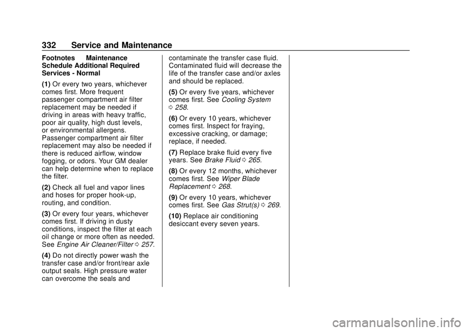 CHEVROLET TRAVERSE 2022 Owners Manual Chevrolet Traverse Owner Manual (GMNA-Localizing-U.S./Canada/Mexico-
13527526) - 2020 - CRC - 9/5/19
332 Service and Maintenance
Footnotes—Maintenance
Schedule Additional Required
Services - Normal
CHEVROLET TRAVERSE 2022 Owners Manual Chevrolet Traverse Owner Manual (GMNA-Localizing-U.S./Canada/Mexico-
13527526) - 2020 - CRC - 9/5/19
332 Service and Maintenance
Footnotes—Maintenance
Schedule Additional Required
Services - Normal