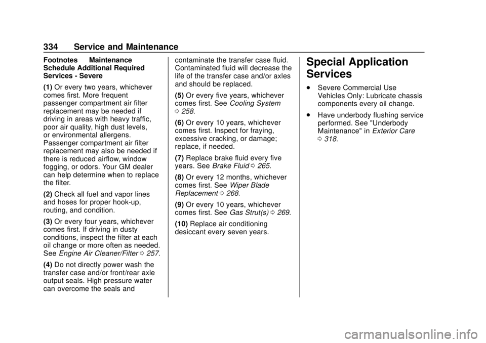 CHEVROLET TRAVERSE 2022 Owners Manual Chevrolet Traverse Owner Manual (GMNA-Localizing-U.S./Canada/Mexico-
13527526) - 2020 - CRC - 9/5/19
334 Service and Maintenance
Footnotes—Maintenance
Schedule Additional Required
Services - Severe
CHEVROLET TRAVERSE 2022 Owners Manual Chevrolet Traverse Owner Manual (GMNA-Localizing-U.S./Canada/Mexico-
13527526) - 2020 - CRC - 9/5/19
334 Service and Maintenance
Footnotes—Maintenance
Schedule Additional Required
Services - Severe