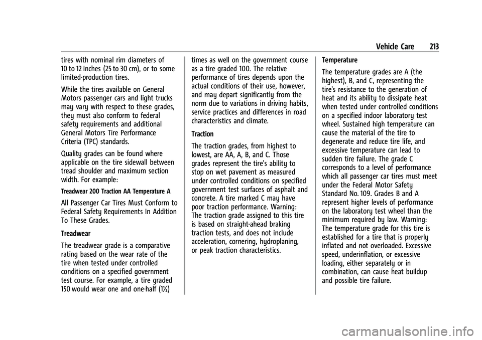 CHEVROLET TRAX 2023 Owners Manual Chevrolet TRAX Owner Manual (GMNA-Localizing-U.S./Canada-15498927) -
2022 - CRC - 5/27/21
Vehicle Care 213
tires with nominal rim diameters of
10 to 12 inches (25 to 30 cm), or to some
limited-product CHEVROLET TRAX 2023 Owners Manual Chevrolet TRAX Owner Manual (GMNA-Localizing-U.S./Canada-15498927) -
2022 - CRC - 5/27/21
Vehicle Care 213
tires with nominal rim diameters of
10 to 12 inches (25 to 30 cm), or to some
limited-product