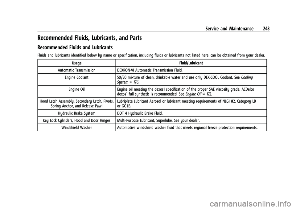 CHEVROLET TRAX 2023  Owners Manual Chevrolet TRAX Owner Manual (GMNA-Localizing-U.S./Canada-15498927) -
2022 - CRC - 5/27/21
Service and Maintenance 243
Recommended Fluids, Lubricants, and Parts
Recommended Fluids and Lubricants
Fluids