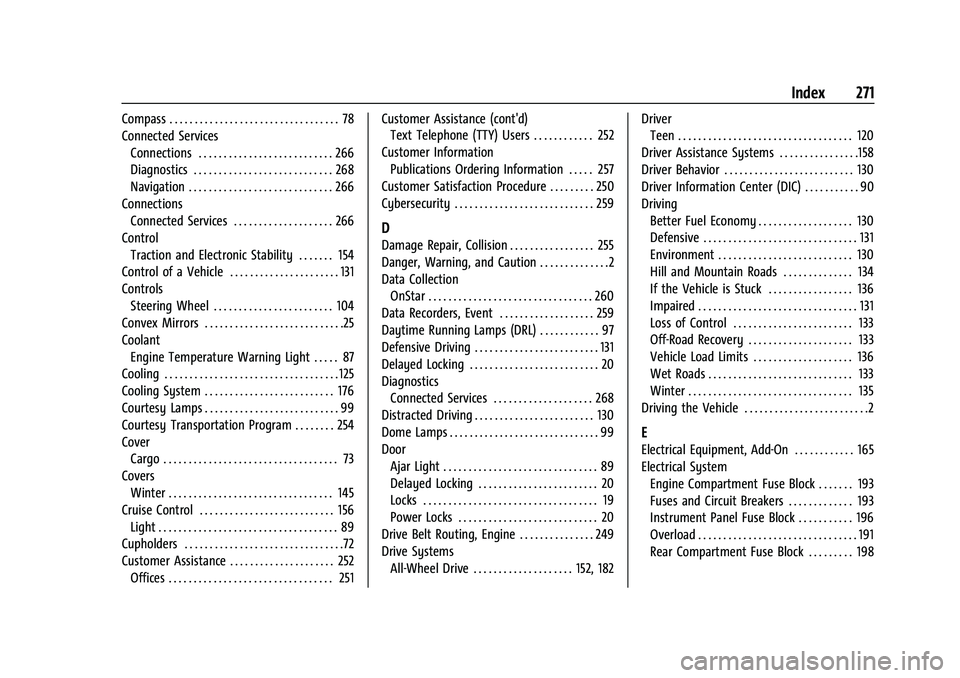 CHEVROLET TRAX 2023 Owners Manual Chevrolet TRAX Owner Manual (GMNA-Localizing-U.S./Canada-15498927) -
2022 - CRC - 5/27/21
Index 271
Compass . . . . . . . . . . . . . . . . . . . . . . . . . . . . . . . . . . 78
Connected ServicesCon CHEVROLET TRAX 2023 Owners Manual Chevrolet TRAX Owner Manual (GMNA-Localizing-U.S./Canada-15498927) -
2022 - CRC - 5/27/21
Index 271
Compass . . . . . . . . . . . . . . . . . . . . . . . . . . . . . . . . . . 78
Connected ServicesCon
