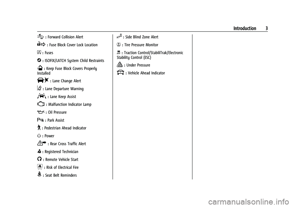 CHEVROLET TRAX 2023 Owners Manual Chevrolet TRAX Owner Manual (GMNA-Localizing-U.S./Canada-15498927) -
2022 - CRC - 5/27/21
Introduction 3
[:Forward Collision Alert
R:Fuse Block Cover Lock Location
+:Fuses
j:ISOFIX/LATCH System Child CHEVROLET TRAX 2023 Owners Manual Chevrolet TRAX Owner Manual (GMNA-Localizing-U.S./Canada-15498927) -
2022 - CRC - 5/27/21
Introduction 3
[:Forward Collision Alert
R:Fuse Block Cover Lock Location
+:Fuses
j:ISOFIX/LATCH System Child