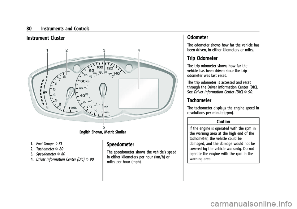 CHEVROLET TRAX 2023 Owners Manual Chevrolet TRAX Owner Manual (GMNA-Localizing-U.S./Canada-15498927) -
2022 - CRC - 5/27/21
80 Instruments and Controls
Instrument Cluster
English Shown, Metric Similar
1.Fuel Gauge 081
2. Tachometer 08 CHEVROLET TRAX 2023 Owners Manual Chevrolet TRAX Owner Manual (GMNA-Localizing-U.S./Canada-15498927) -
2022 - CRC - 5/27/21
80 Instruments and Controls
Instrument Cluster
English Shown, Metric Similar
1.Fuel Gauge 081
2. Tachometer 08