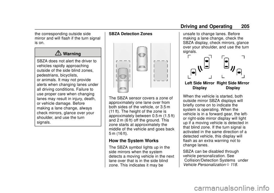 CHEVROLET TRAX 2020 Owners Manual Chevrolet TRAX Owner Manual (GMNA-Localizing-U.S./Canada/Mexico-
13556235) - 2020 - CRC - 9/19/19
Driving and Operating 205
the corresponding outside side
mirror and will flash if the turn signal
is o CHEVROLET TRAX 2020 Owners Manual Chevrolet TRAX Owner Manual (GMNA-Localizing-U.S./Canada/Mexico-
13556235) - 2020 - CRC - 9/19/19
Driving and Operating 205
the corresponding outside side
mirror and will flash if the turn signal
is o