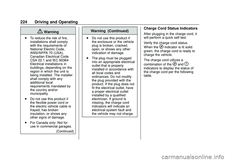 CHEVROLET VOLT 2020  Owners Manual Chevrolet BOLT EV Owner Manual (GMNA-Localizing-U.S./Canada/Mexico-
13556250) - 2020 - CRC - 2/11/20
224 Driving and Operating
{Warning
.To reduce the risk of fire,
installations shall comply
with the