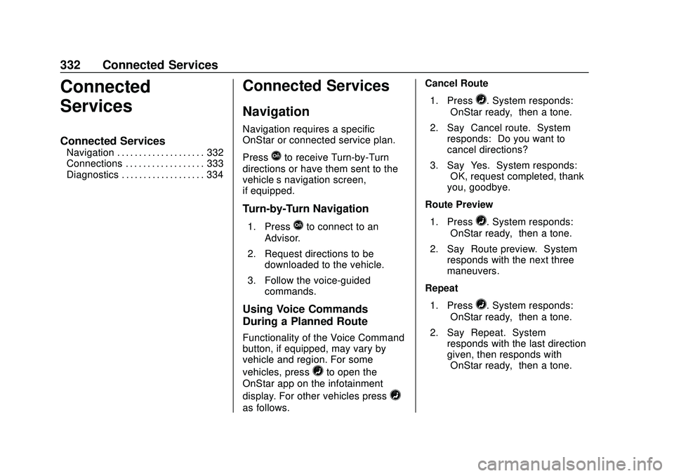 CHEVROLET VOLT 2020 Owners Manual Chevrolet BOLT EV Owner Manual (GMNA-Localizing-U.S./Canada/Mexico-
13556250) - 2020 - CRC - 2/11/20
332 Connected Services
Connected
Services
Connected Services
Navigation . . . . . . . . . . . . . . CHEVROLET VOLT 2020 Owners Manual Chevrolet BOLT EV Owner Manual (GMNA-Localizing-U.S./Canada/Mexico-
13556250) - 2020 - CRC - 2/11/20
332 Connected Services
Connected
Services
Connected Services
Navigation . . . . . . . . . . . . . .