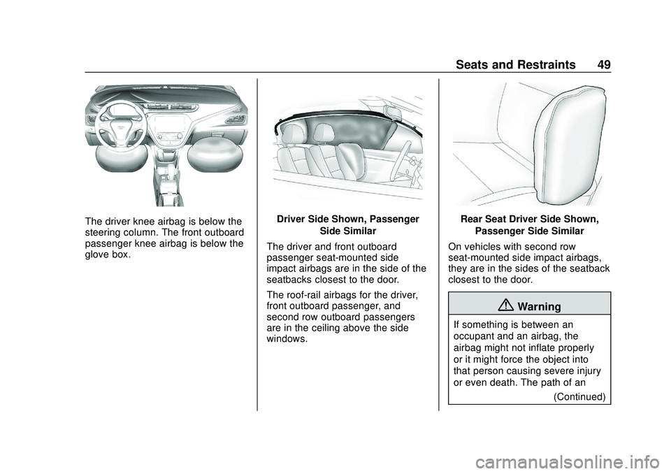 CHEVROLET VOLT 2020 Owners Manual Chevrolet BOLT EV Owner Manual (GMNA-Localizing-U.S./Canada/Mexico-
13556250) - 2020 - CRC - 2/11/20
Seats and Restraints 49
The driver knee airbag is below the
steering column. The front outboard
pas