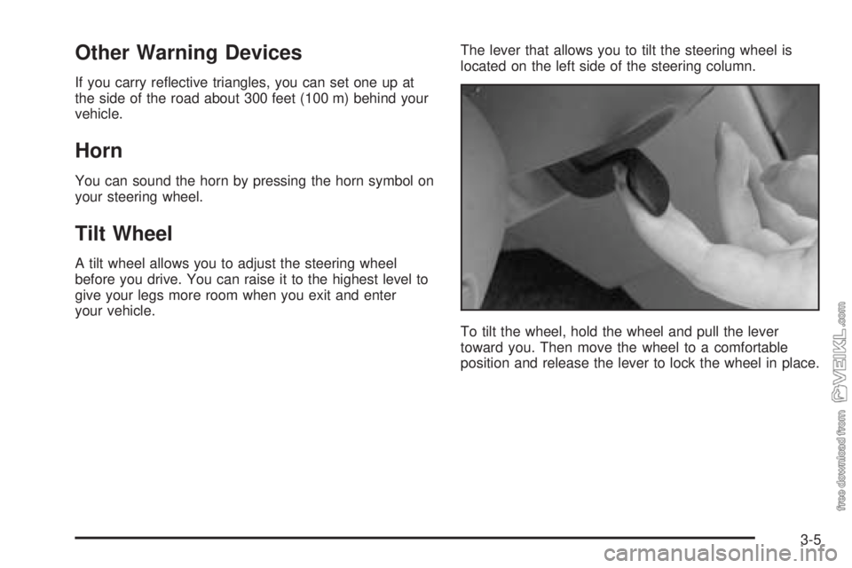 CHEVROLET CLASSIC 2004  Owners Manual Other Warning Devices
If you carry reﬂective triangles, you can set one up at
the side of the road about 300 feet (100 m) behind your
vehicle.
Horn
You can sound the horn by pressing the horn symbol
