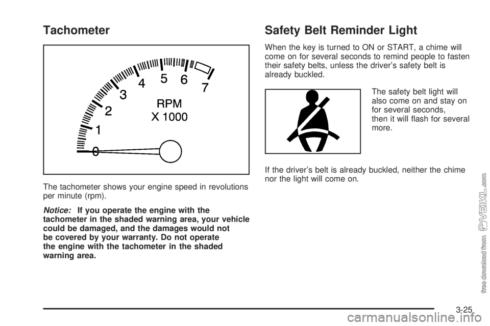 CHEVROLET CLASSIC 2004  Owners Manual Tachometer
The tachometer shows your engine speed in revolutions
per minute (rpm).
Notice:If you operate the engine with the
tachometer in the shaded warning area, your vehicle
could be damaged, and t