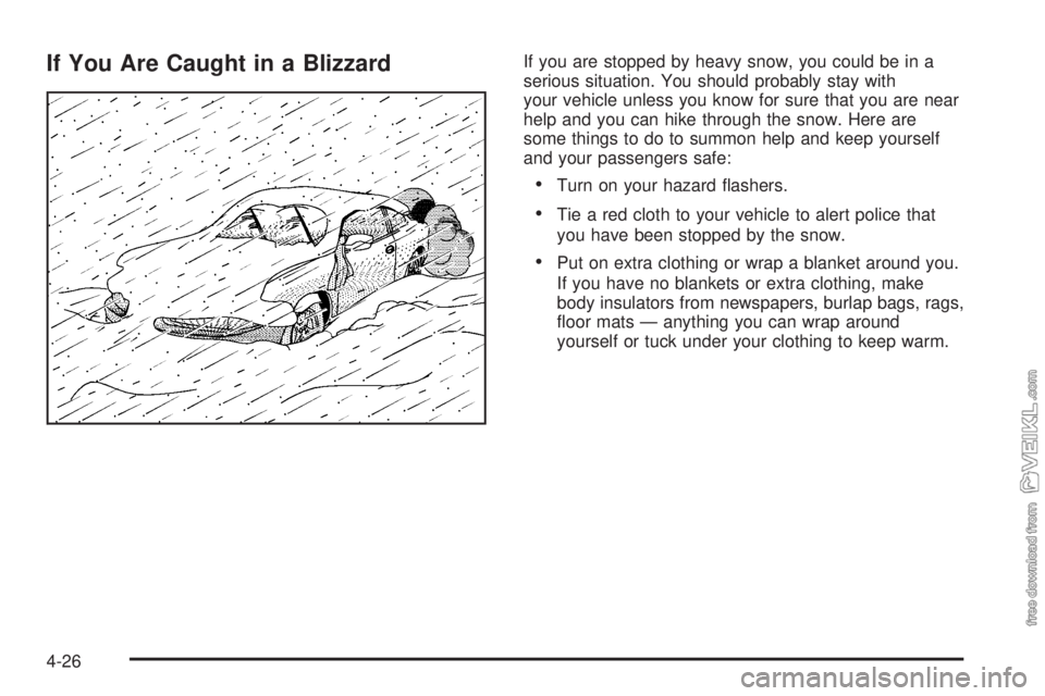 CHEVROLET CLASSIC 2004  Owners Manual If You Are Caught in a BlizzardIf you are stopped by heavy snow, you could be in a
serious situation. You should probably stay with
your vehicle unless you know for sure that you are near
help and you
