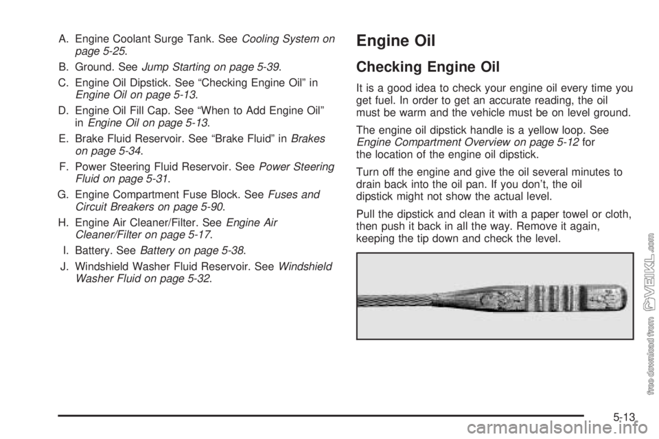 CHEVROLET CLASSIC 2004  Owners Manual A. Engine Coolant Surge Tank. SeeCooling System on
page 5-25.
B. Ground. SeeJump Starting on page 5-39.
C. Engine Oil Dipstick. See “Checking Engine Oil” in
Engine Oil on page 5-13.
D. Engine Oil 