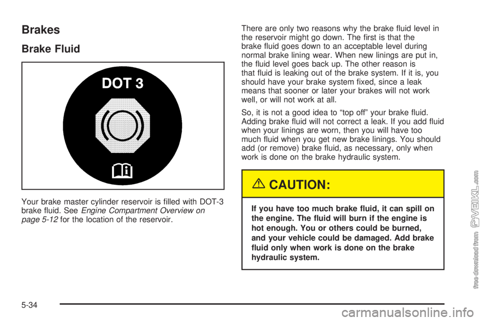 CHEVROLET CLASSIC 2004  Owners Manual Brakes
Brake Fluid
Your brake master cylinder reservoir is ﬁlled with DOT-3
brake ﬂuid. SeeEngine Compartment Overview on
page 5-12for the location of the reservoir.There are only two reasons why 