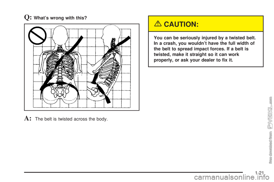 CHEVROLET CLASSIC 2004 Owners Manual Q:What’s wrong with this?
A:The belt is twisted across the body.
{CAUTION:
You can be seriously injured by a twisted belt.
In a crash, you wouldn’t have the full width of
the belt to spread impact