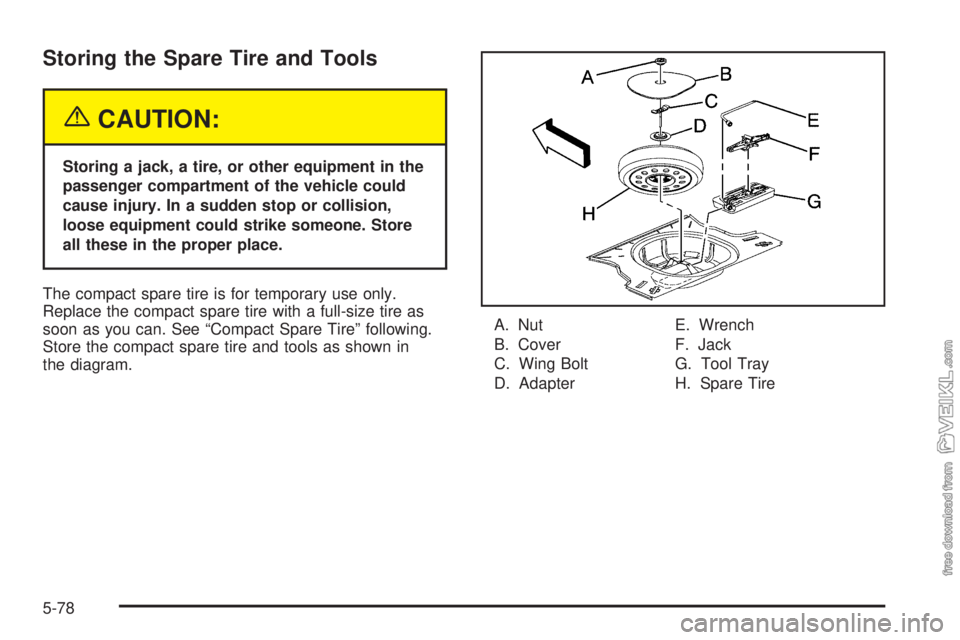 CHEVROLET CLASSIC 2004  Owners Manual Storing the Spare Tire and Tools
{CAUTION:
Storing a jack, a tire, or other equipment in the
passenger compartment of the vehicle could
cause injury. In a sudden stop or collision,
loose equipment cou