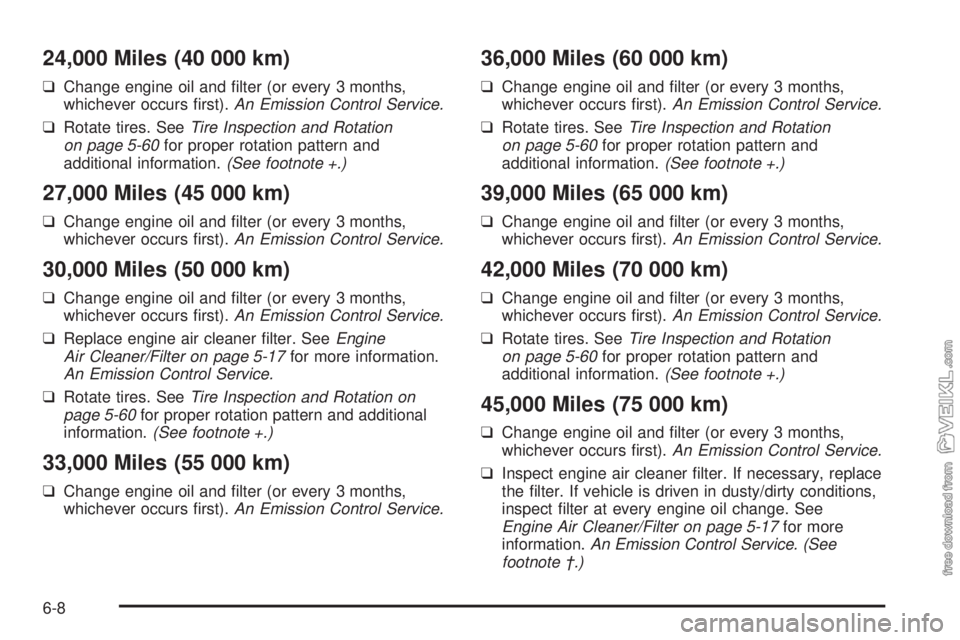 CHEVROLET CLASSIC 2004  Owners Manual 24,000 Miles (40 000 km)
❑Change engine oil and ﬁlter (or every 3 months,
whichever occurs ﬁrst).An Emission Control Service.
❑Rotate tires. SeeTire Inspection and Rotation
on page 5-60for pro