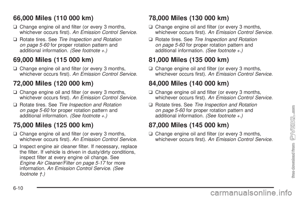 CHEVROLET CLASSIC 2004  Owners Manual 66,000 Miles (110 000 km)
❑Change engine oil and ﬁlter (or every 3 months,
whichever occurs ﬁrst).An Emission Control Service.
❑Rotate tires. SeeTire Inspection and Rotation
on page 5-60for pr