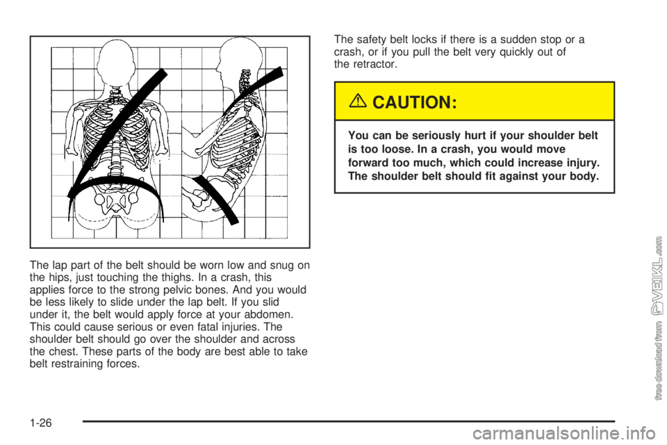 CHEVROLET CLASSIC 2004 Owners Guide The lap part of the belt should be worn low and snug on
the hips, just touching the thighs. In a crash, this
applies force to the strong pelvic bones. And you would
be less likely to slide under the l