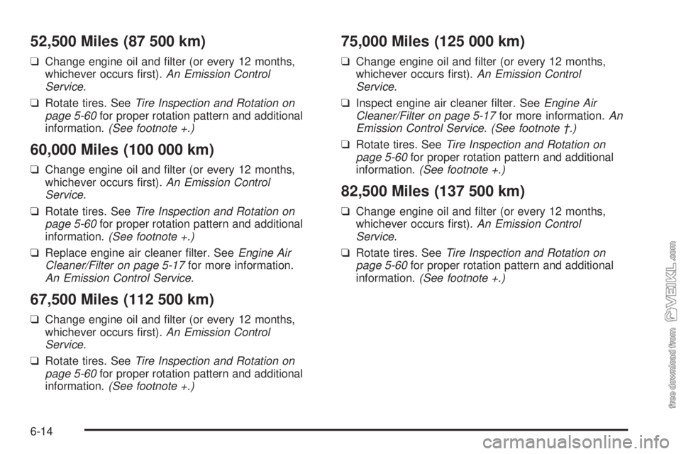 CHEVROLET CLASSIC 2004 Owners Manual 52,500 Miles (87 500 km)
❑Change engine oil and filter (or every 12 months,
whichever occurs first).An Emission Control
Service.
❑Rotate tires. SeeTire Inspection and Rotation on
page 5-60for pr CHEVROLET CLASSIC 2004 Owners Manual 52,500 Miles (87 500 km)
❑Change engine oil and filter (or every 12 months,
whichever occurs first).An Emission Control
Service.
❑Rotate tires. SeeTire Inspection and Rotation on
page 5-60for pr