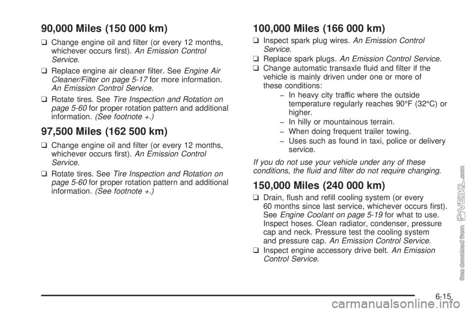 CHEVROLET CLASSIC 2004 Owners Manual 90,000 Miles (150 000 km)
❑Change engine oil and filter (or every 12 months,
whichever occurs first).An Emission Control
Service.
❑Replace engine air cleaner filter. SeeEngine Air
Cleaner/Filte CHEVROLET CLASSIC 2004 Owners Manual 90,000 Miles (150 000 km)
❑Change engine oil and filter (or every 12 months,
whichever occurs first).An Emission Control
Service.
❑Replace engine air cleaner filter. SeeEngine Air
Cleaner/Filte
