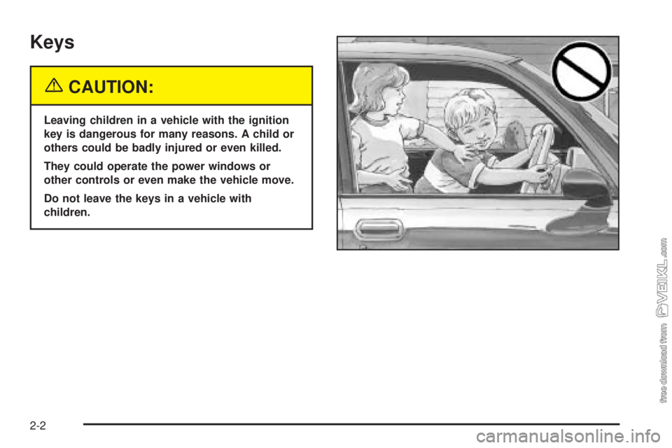 CHEVROLET CLASSIC 2004  Owners Manual Keys
{CAUTION:
Leaving children in a vehicle with the ignition
key is dangerous for many reasons. A child or
others could be badly injured or even killed.
They could operate the power windows or
other