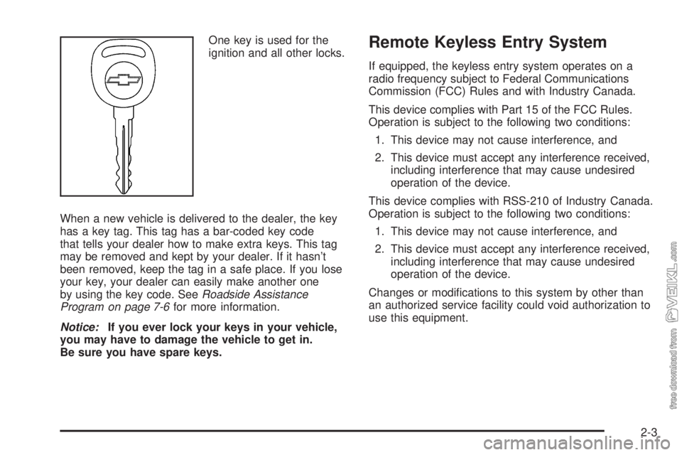 CHEVROLET CLASSIC 2004 Manual PDF One key is used for the
ignition and all other locks.
When a new vehicle is delivered to the dealer, the key
has a key tag. This tag has a bar-coded key code
that tells your dealer how to make extra k CHEVROLET CLASSIC 2004 Manual PDF One key is used for the
ignition and all other locks.
When a new vehicle is delivered to the dealer, the key
has a key tag. This tag has a bar-coded key code
that tells your dealer how to make extra k