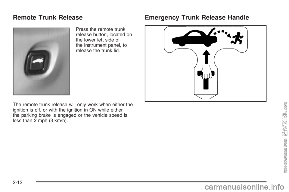 CHEVROLET CLASSIC 2004  Owners Manual Remote Trunk Release
Press the remote trunk
release button, located on
the lower left side of
the instrument panel, to
release the trunk lid.
The remote trunk release will only work when either the
ig