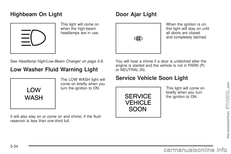 CHEVROLET CLASSIC 2005  Owners Manual Highbeam On Light
This light will come on
when the high-beam
headlamps are in use.
SeeHeadlamp High/Low-Beam Changer on page 3-8.
Low Washer Fluid Warning Light
The LOW WASH light will
come on brieﬂ