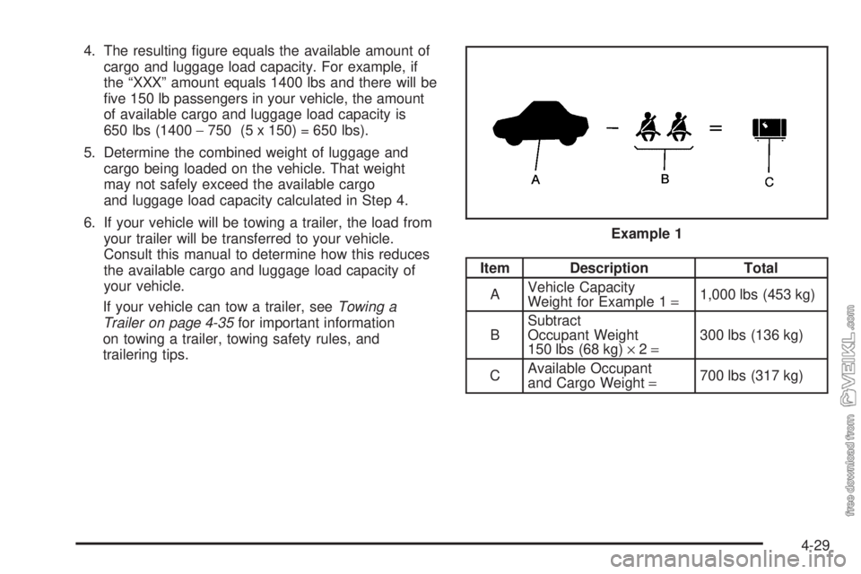 CHEVROLET CLASSIC 2005  Owners Manual 4. The resulting ﬁgure equals the available amount of
cargo and luggage load capacity. For example, if
the “XXX” amount equals 1400 lbs and there will be
ﬁve 150 lb passengers in your vehicle,