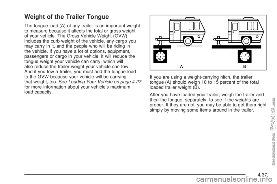 CHEVROLET CLASSIC 2005  Owners Manual Weight of the Trailer Tongue
The tongue load (A) of any trailer is an important weight
to measure because it affects the total or gross weight
of your vehicle. The Gross Vehicle Weight (GVW)
includes 