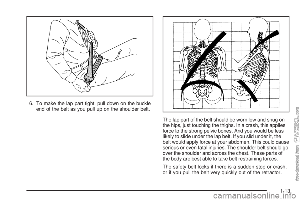 CHEVROLET CLASSIC 2005 User Guide 6. To make the lap part tight, pull down on the buckle
end of the belt as you pull up on the shoulder belt.
The lap part of the belt should be worn low and snug on
the hips, just touching the thighs. 