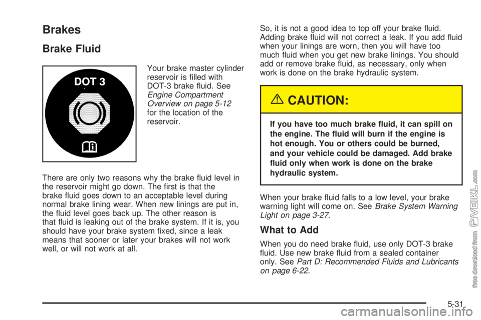 CHEVROLET CLASSIC 2005 Owners Manual Brakes
Brake Fluid
Your brake master cylinder
reservoir is filled with
DOT-3 brake fluid. See
Engine Compartment
Overview on page 5-12
for the location of the
reservoir.
There are only two reasons w CHEVROLET CLASSIC 2005 Owners Manual Brakes
Brake Fluid
Your brake master cylinder
reservoir is filled with
DOT-3 brake fluid. See
Engine Compartment
Overview on page 5-12
for the location of the
reservoir.
There are only two reasons w