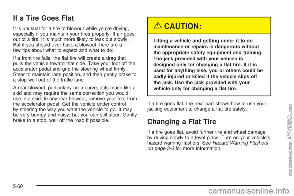CHEVROLET CLASSIC 2005  Owners Manual If a Tire Goes Flat
It is unusual for a tire to blowout while you’re driving,
especially if you maintain your tires properly. If air goes
out of a tire, it is much more likely to leak out slowly.
Bu