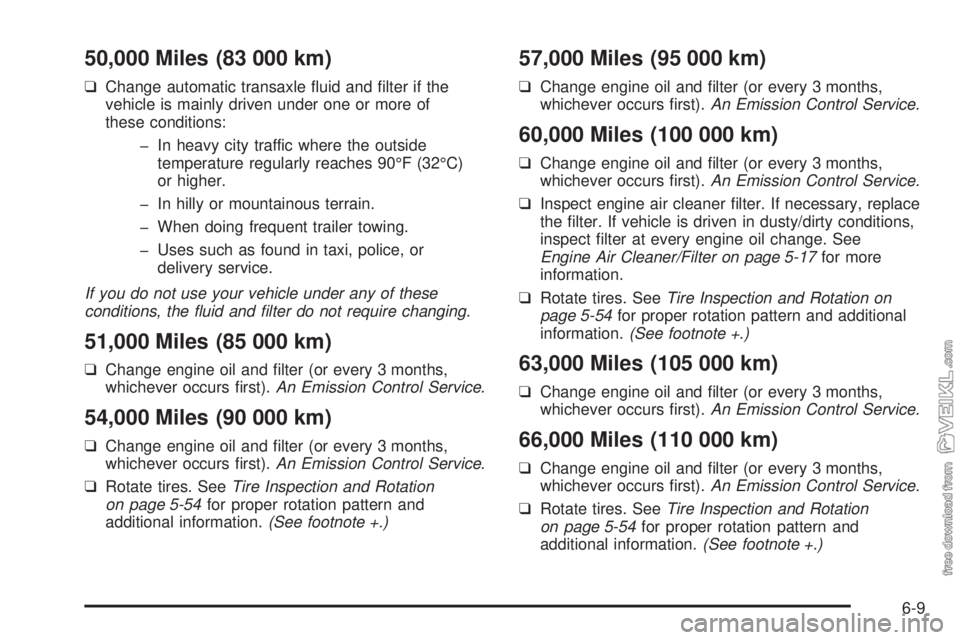 CHEVROLET CLASSIC 2005  Owners Manual 50,000 Miles (83 000 km)
❑Change automatic transaxle ﬂuid and ﬁlter if the
vehicle is mainly driven under one or more of
these conditions:
- In heavy city traffic where the outside
temperature r