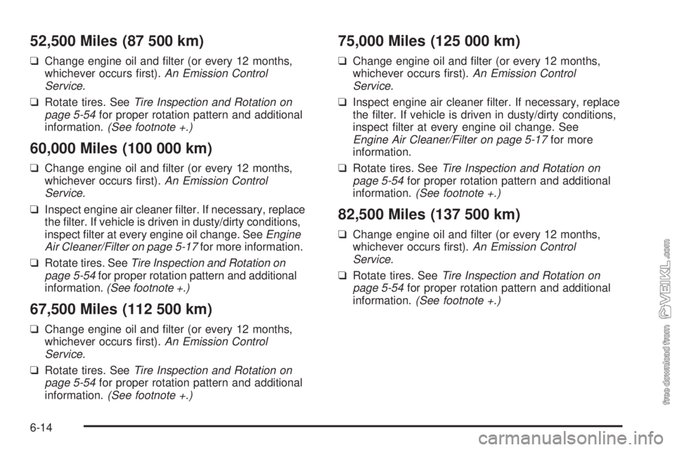 CHEVROLET CLASSIC 2005  Owners Manual 52,500 Miles (87 500 km)
❑Change engine oil and ﬁlter (or every 12 months,
whichever occurs ﬁrst).An Emission Control
Service.
❑Rotate tires. SeeTire Inspection and Rotation on
page 5-54for pr