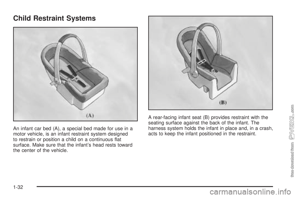 CHEVROLET CLASSIC 2005 Owners Manual Child Restraint Systems
An infant car bed (A), a special bed made for use in a
motor vehicle, is an infant restraint system designed
to restrain or position a child on a continuous flat
surface. Make CHEVROLET CLASSIC 2005 Owners Manual Child Restraint Systems
An infant car bed (A), a special bed made for use in a
motor vehicle, is an infant restraint system designed
to restrain or position a child on a continuous flat
surface. Make