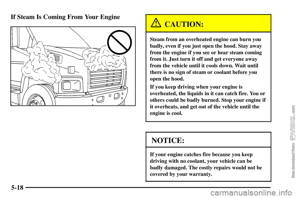 CHEVROLET C/K 2003 User Guide 5-18 If Steam Is Coming From Your Engine
CAUTION:
Steam from an overheated engine can burn you
badly, even if you just open the hood. Stay away
from the engine if you see or hear steam coming
from it.