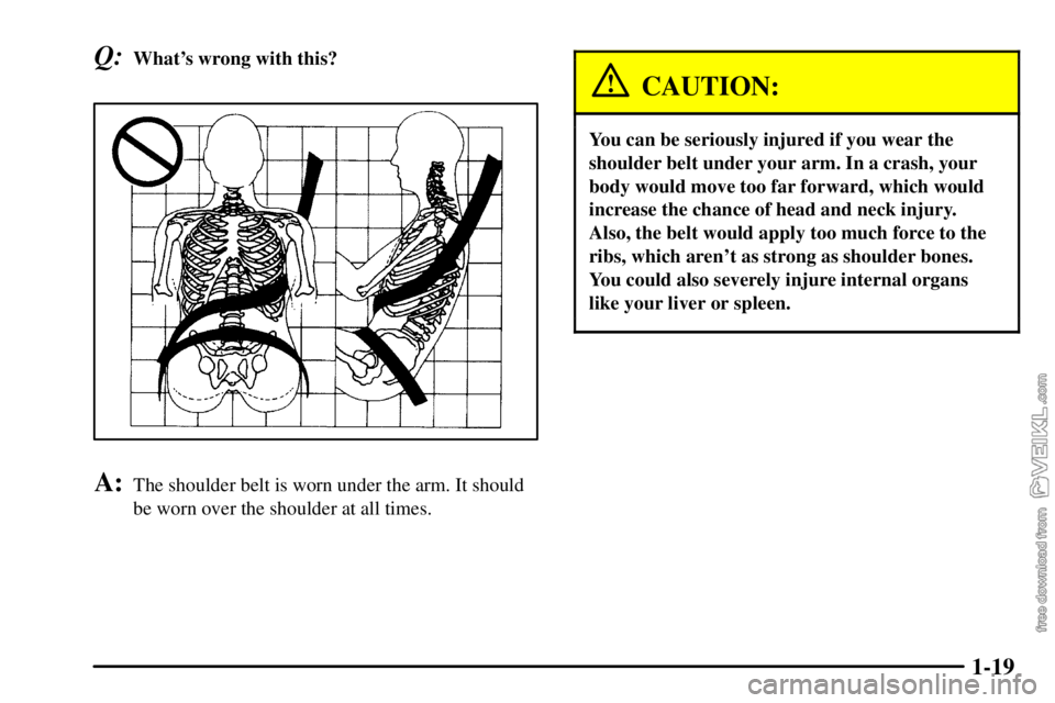 CHEVROLET C/K 2003 Owners Manual 1-19
Q:Whats wrong with this?
A:The shoulder belt is worn under the arm. It should
be worn over the shoulder at all times.
CAUTION:
You can be seriously injured if you wear the
shoulder belt under yo