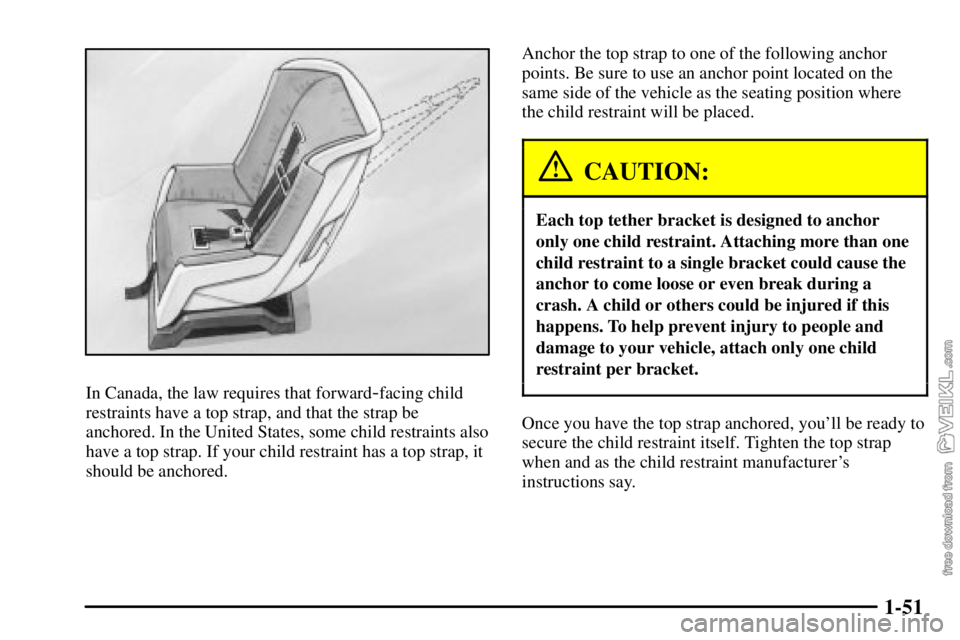 CHEVROLET C/K 2003 Workshop Manual 1-51
In Canada, the law requires that forward-facing child
restraints have a top strap, and that the strap be
anchored. In the United States, some child restraints also
have a top strap. If your child