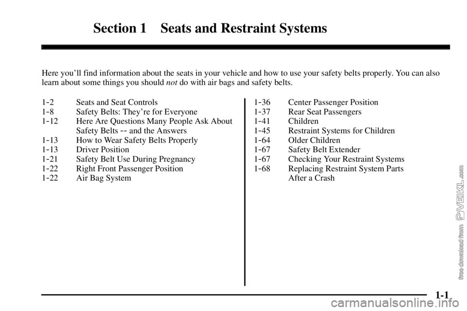 CHEVROLET C/K 2003  Owners Manual 1-
1-1
Section 1 Seats and Restraint Systems
Here youll find information about the seats in your vehicle and how to use your safety belts properly. You can also
learn about some things you should not