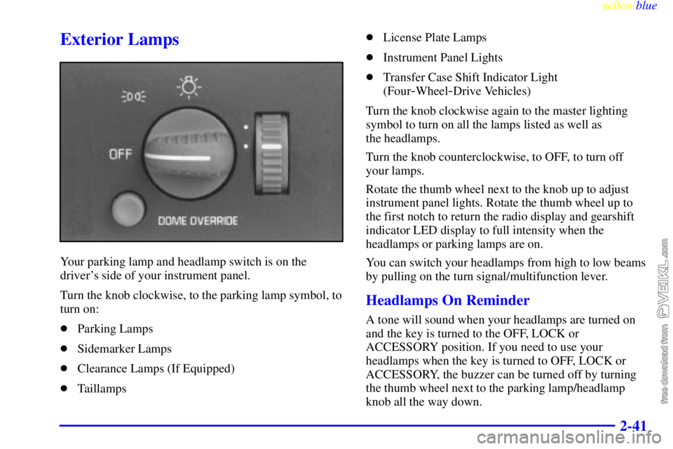 CHEVROLET C/K 1999 Owners Manual yellowblue     
2-41
Exterior Lamps
Your parking lamp and headlamp switch is on the
drivers side of your instrument panel.
Turn the knob clockwise, to the parking lamp symbol, to
turn on:
Parking La