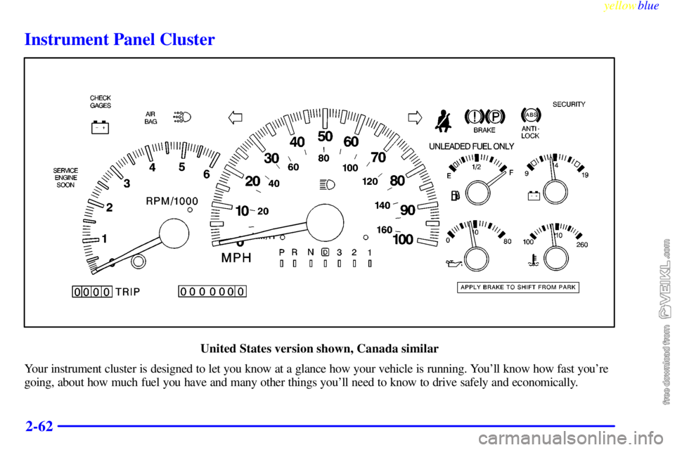 CHEVROLET C/K 1999  Owners Manual yellowblue     
2-62
Instrument Panel Cluster
United States version shown, Canada similar
Your instrument cluster is designed to let you know at a glance how your vehicle is running. Youll know how f