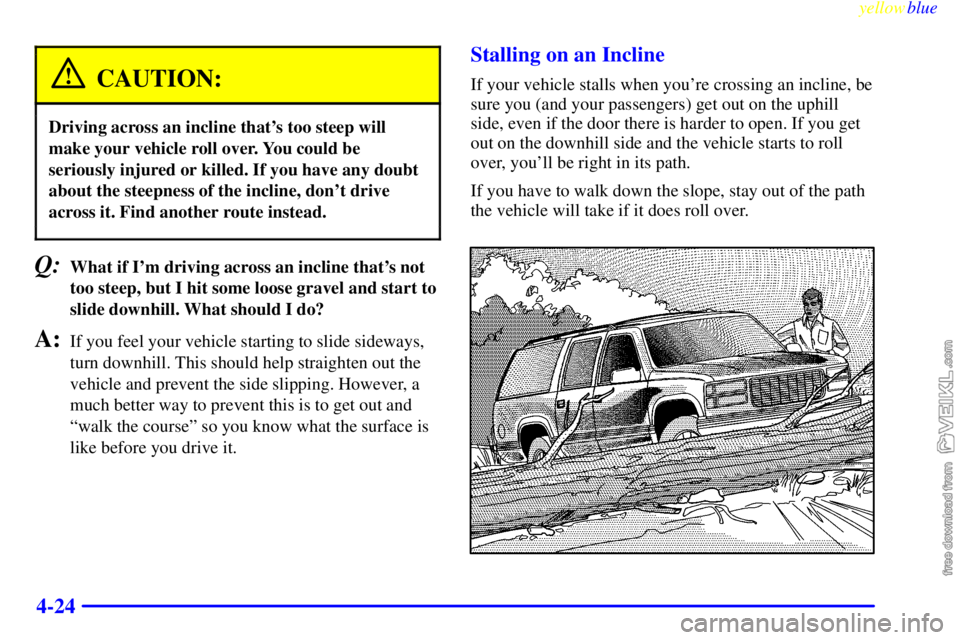 CHEVROLET C/K 1999  Owners Manual yellowblue     
4-24
CAUTION:
Driving across an incline thats too steep will
make your vehicle roll over. You could be
seriously injured or killed. If you have any doubt
about the steepness of the in