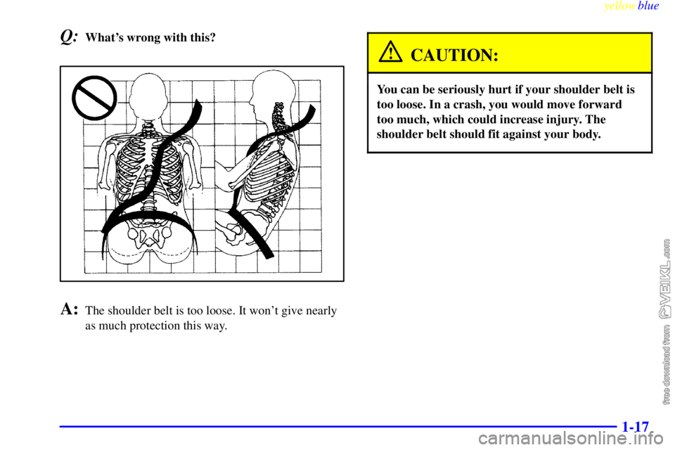 CHEVROLET C/K 1999 Owners Manual yellowblue     
1-17
Q:Whats wrong with this?
A:The shoulder belt is too loose. It wont give nearly
as much protection this way.
CAUTION:
You can be seriously hurt if your shoulder belt is
too loose