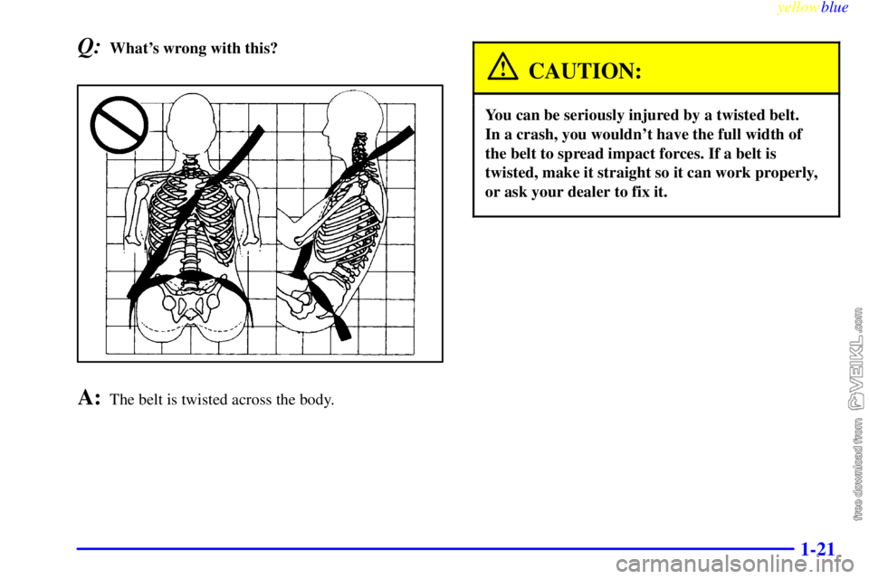 CHEVROLET C/K 1999  Owners Manual yellowblue     
1-21
Q:Whats wrong with this?
A:The belt is twisted across the body.
CAUTION:
You can be seriously injured by a twisted belt. 
In a crash, you wouldnt have the full width of
the belt