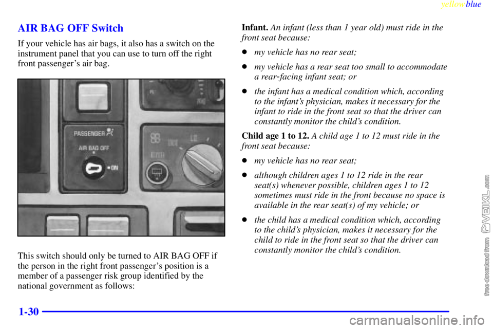 CHEVROLET C/K 1999 Owners Guide yellowblue     
1-30 AIR BAG OFF Switch
If your vehicle has air bags, it also has a switch on the
instrument panel that you can use to turn off the right
front passengers air bag.
This switch should 