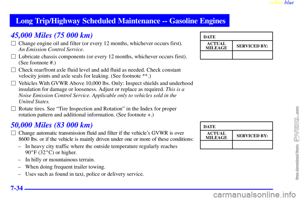 CHEVROLET C/K 1999 Repair Manual Long Trip/Highway Scheduled Maintenance -- Gasoline Engines
yellowblue     
7-34
45,000 Miles (75 000 km)
Change engine oil and filter (or every 12 months, whichever occurs first). 
An Emission Contr