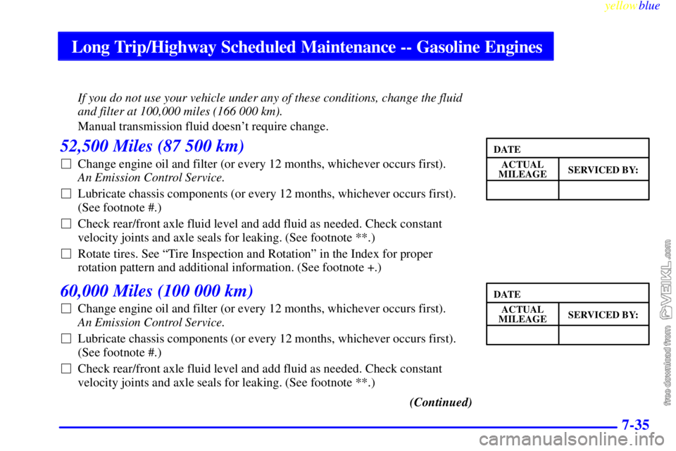 CHEVROLET C/K 1999 Repair Manual Long Trip/Highway Scheduled Maintenance -- Gasoline Engines
yellowblue     
7-35
If you do not use your vehicle under any of these conditions, change the fluid
and filter at 100,000 miles (166 000 km)