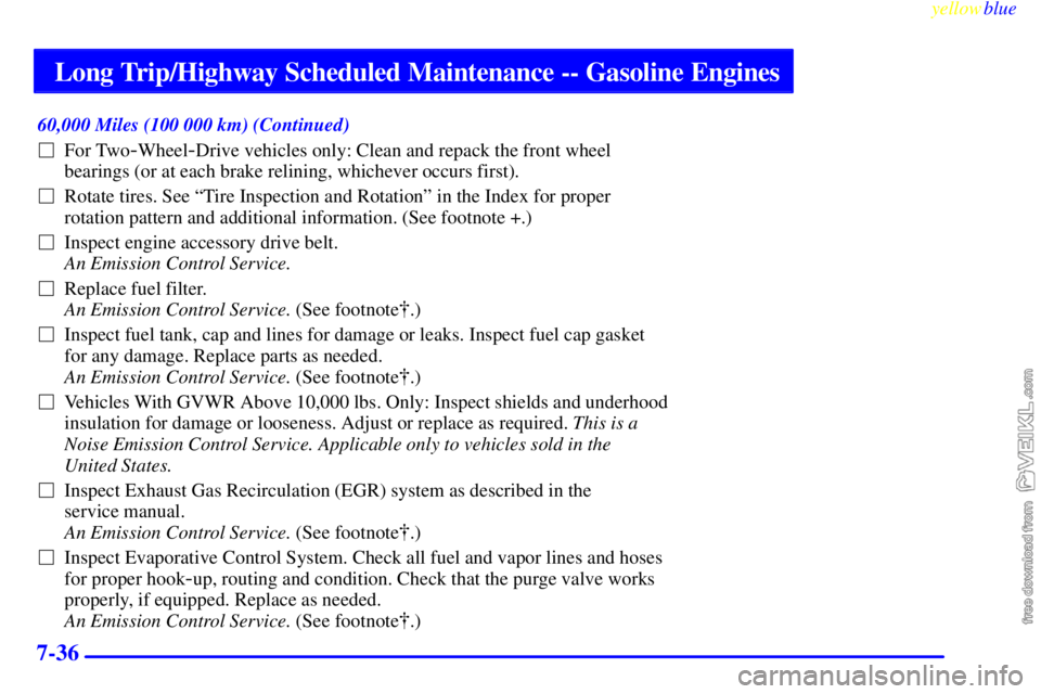 CHEVROLET C/K 1999 Repair Manual Long Trip/Highway Scheduled Maintenance -- Gasoline Engines
yellowblue     
7-36
60,000 Miles (100 000 km) (Continued)
For Two
-Wheel-Drive vehicles only: Clean and repack the front wheel
bearings (o
