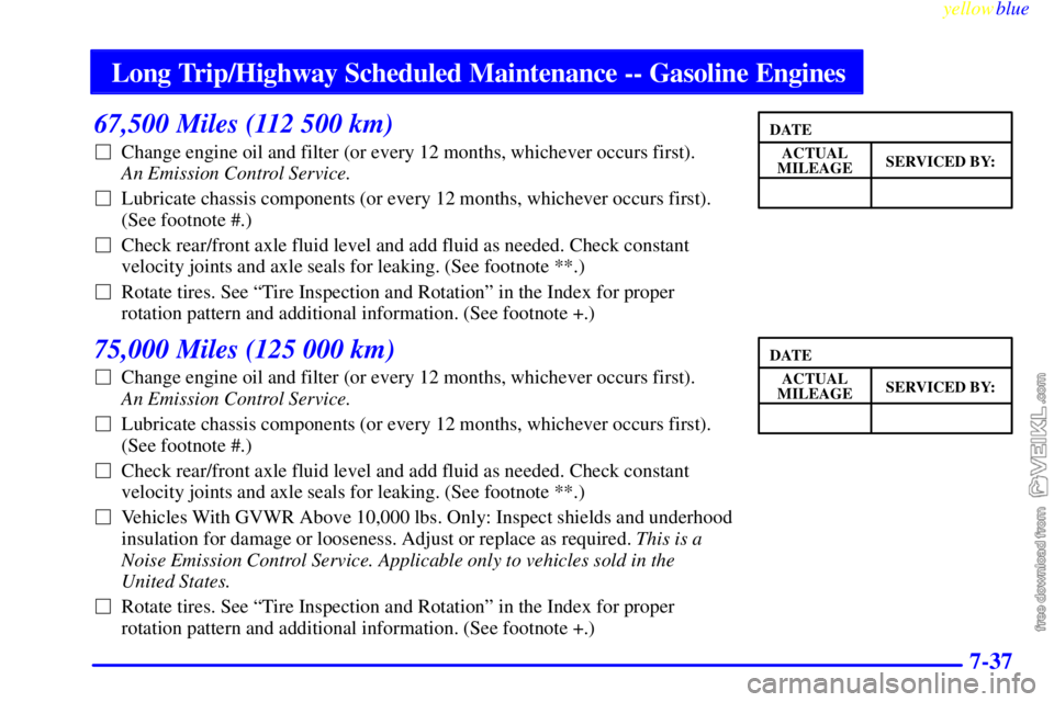 CHEVROLET C/K 1999 Repair Manual Long Trip/Highway Scheduled Maintenance -- Gasoline Engines
yellowblue     
7-37
67,500 Miles (112 500 km)
Change engine oil and filter (or every 12 months, whichever occurs first). 
An Emission Cont