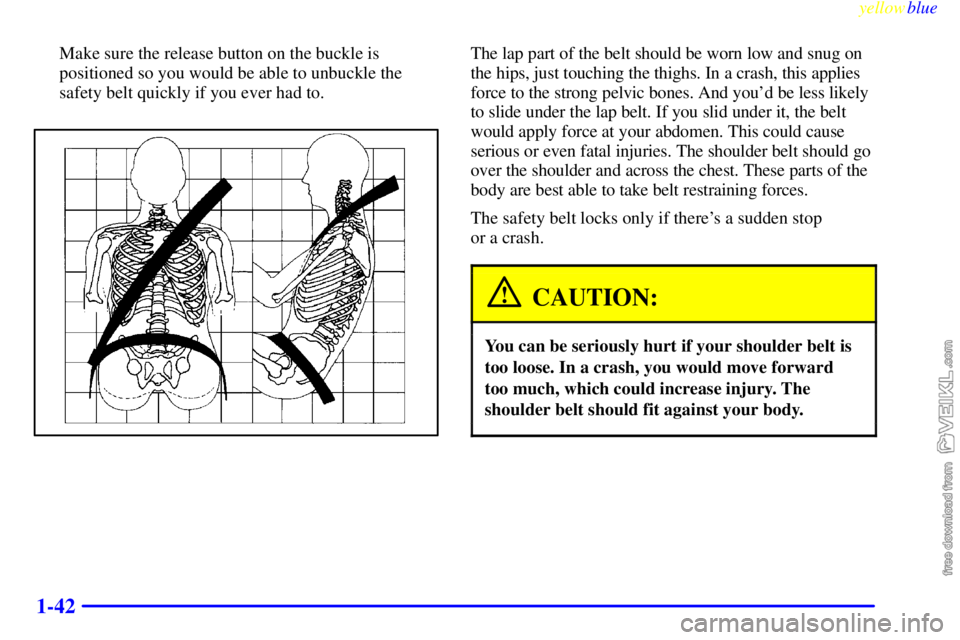 CHEVROLET C/K 1999 Service Manual yellowblue     
1-42
Make sure the release button on the buckle is
positioned so you would be able to unbuckle the
safety belt quickly if you ever had to.The lap part of the belt should be worn low an